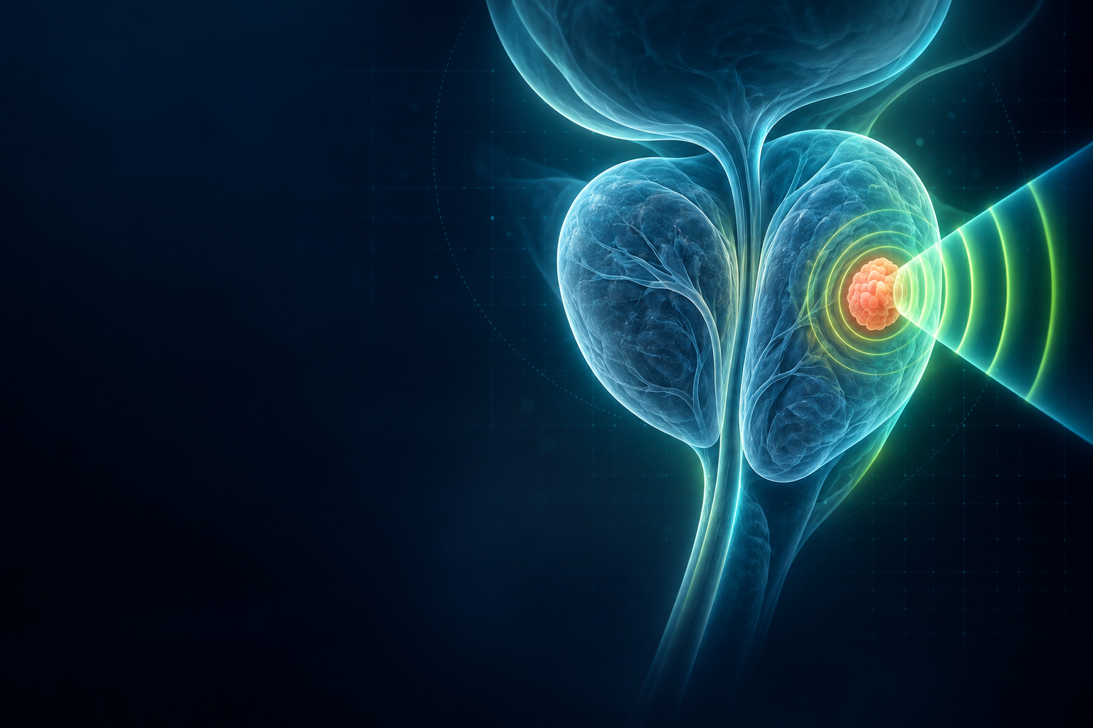Medical illustration showing focal energy precisely targeting a localised area in the prostate